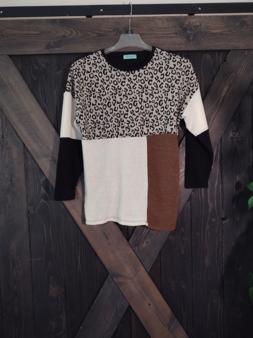Sunshine And Rodeos Leopard Block-Color Crewneck Sweater - Black, Cream & Brown